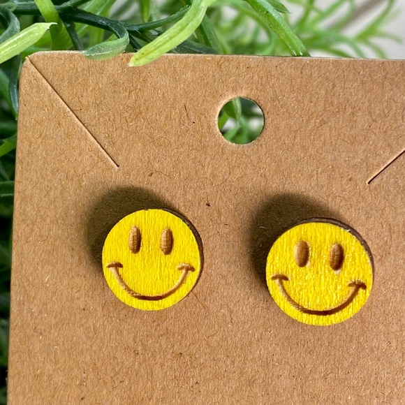 Hand Painted Happy Face Wood Stud Earrings - Picture 1 of 1